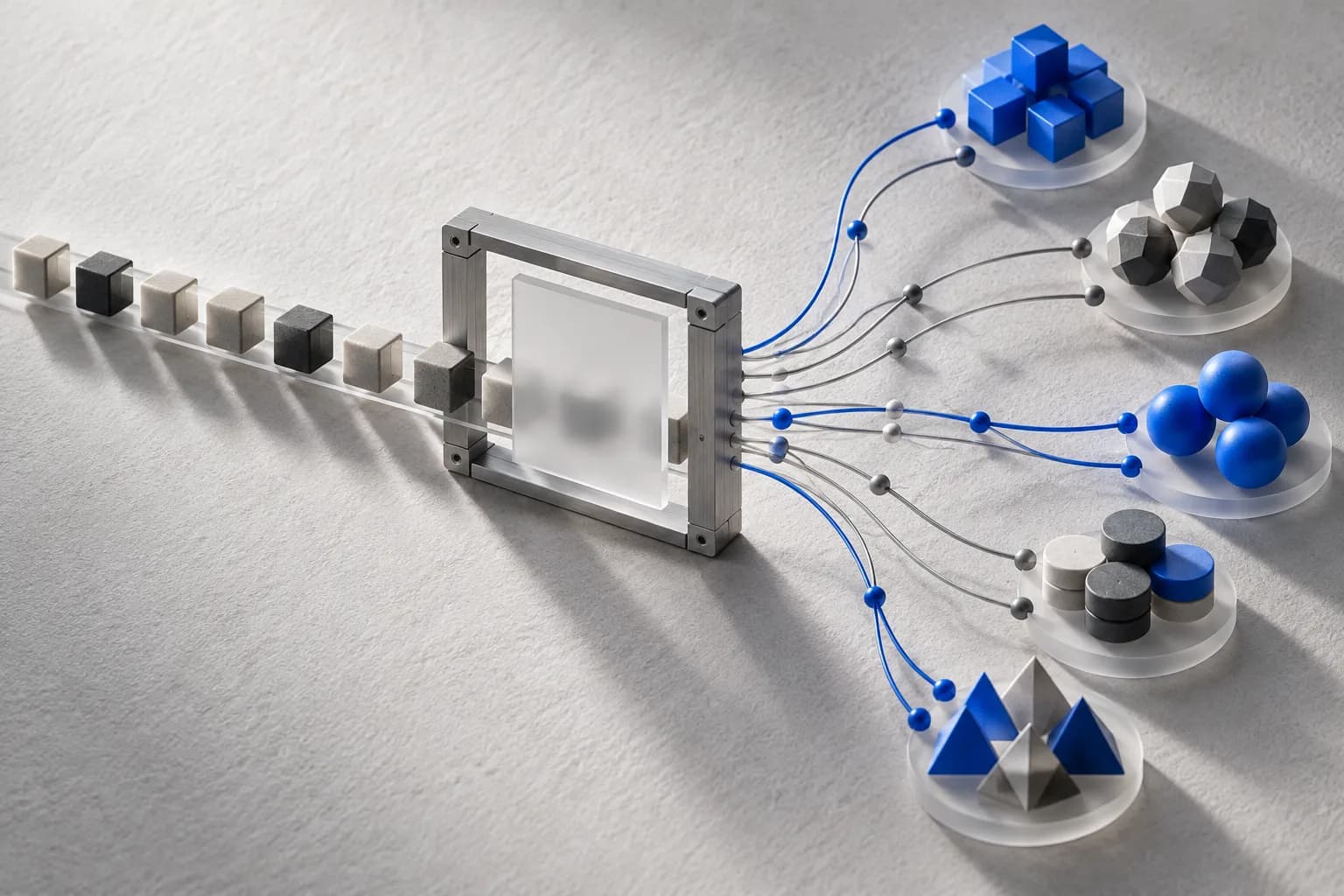 Token blocks passing through a masked frame and branching into multiple semantic clusters